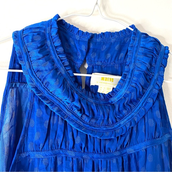 Anthropologie Maeve Blue Dot Ruffle Sleeveless Blouse - Picture 2 of 10